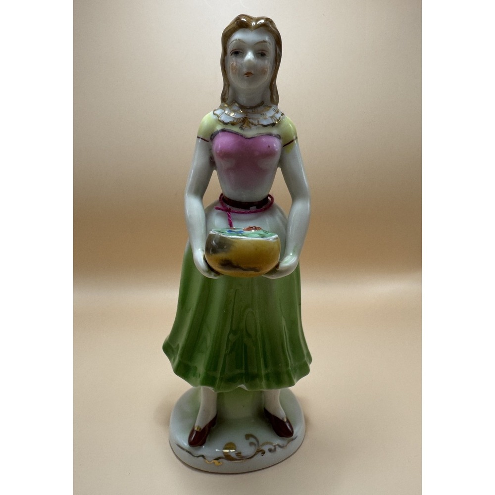 OCCUPIED JAPAN Antique Woman Porcelain Figurine Pink & Green Holding Flowers